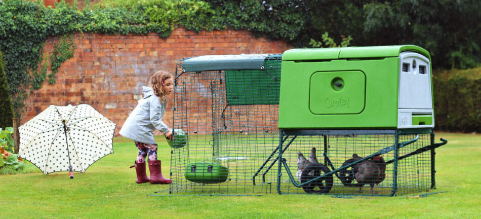 girl feeding her hens in a green eglu cube chicken coop with run
