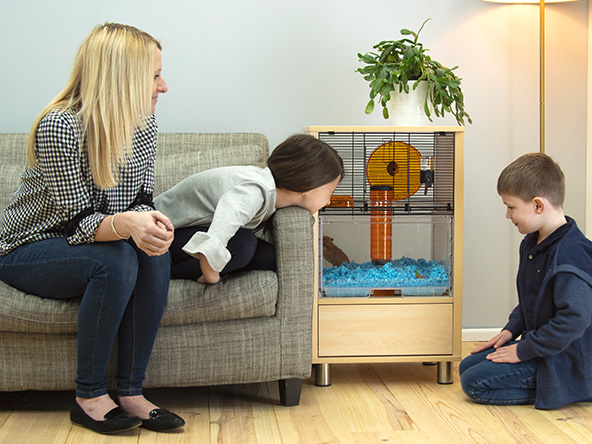 En kvinne som sitter på sofaen smilende mens barna hennes studerer hamsteren i hamsterburet sitt.