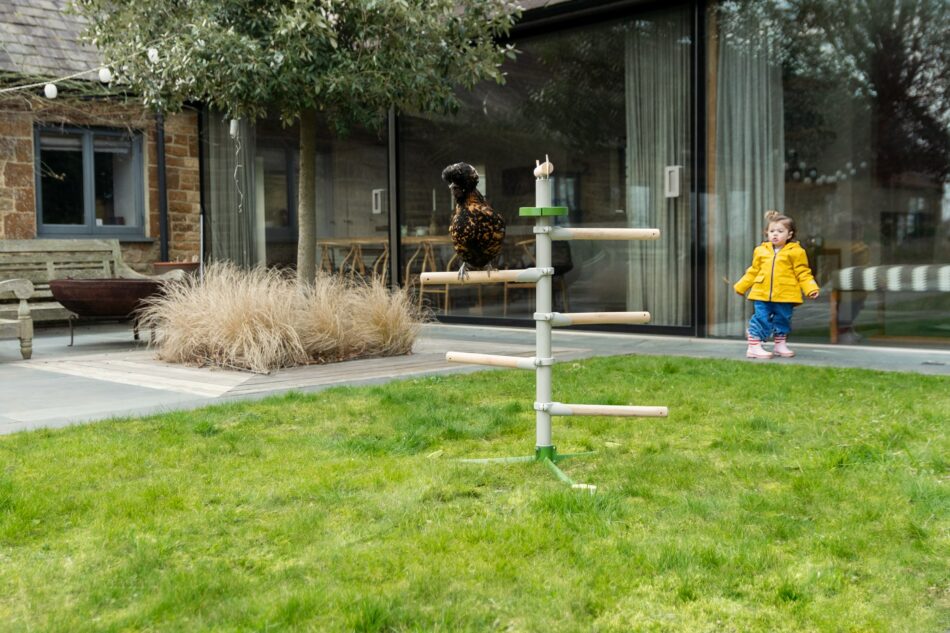 Girl outside in autumn with Freestanding Chicken Perch