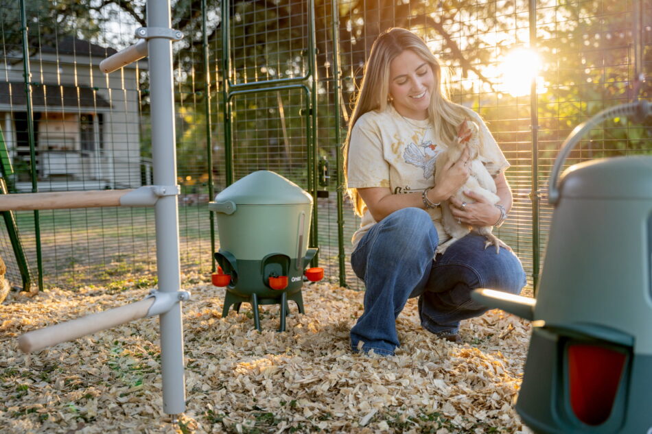Woman holding chicken in Omlet Walk In Run