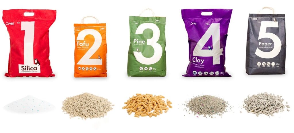 All of the 5 options of the Omlet cat litter with closeups of the cat litter 