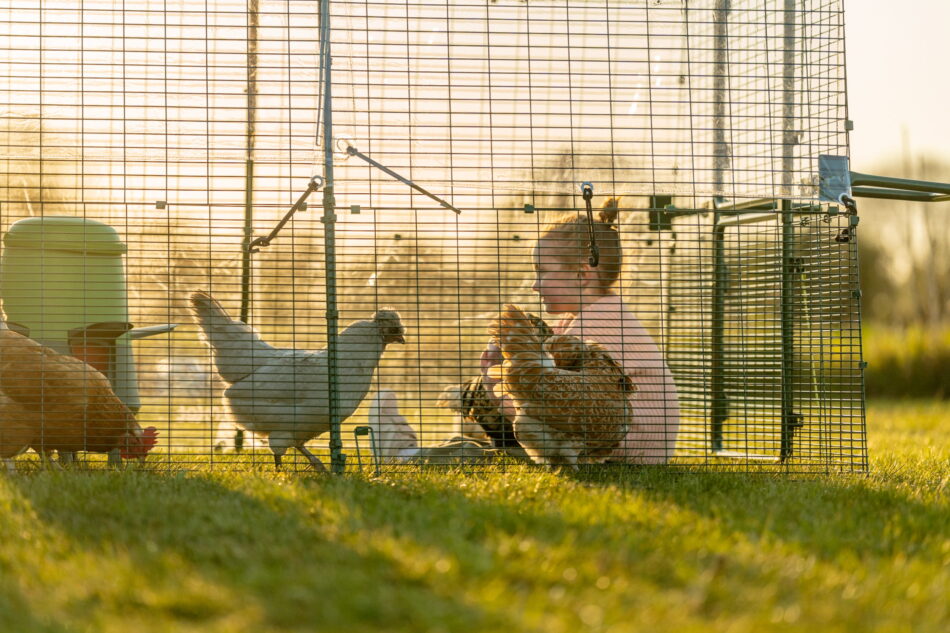 girl sitting in eglu pro run with chickens