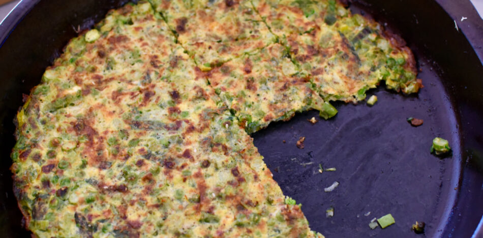 asparagus pea and leek frittata in pan