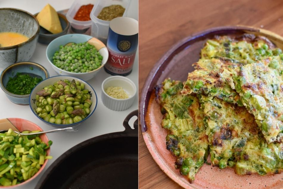 ingredients for a pea and leek frittata