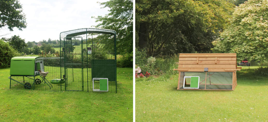 The Omlet Automatic Chicken Coop Door on an Omlet Eglu run and on a traditional wooden coop