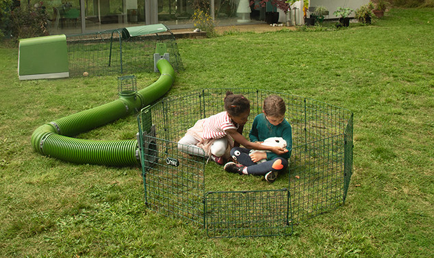 kinderen zitten met konijn in een eglu speelren met een zippi tunnelsysteem