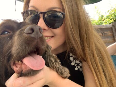 selfie of chicken keeper rosie and dog evie