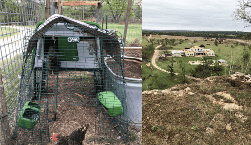 geplette ren van eglu cube kippenhok en luchtfoto van gehavende boerderij