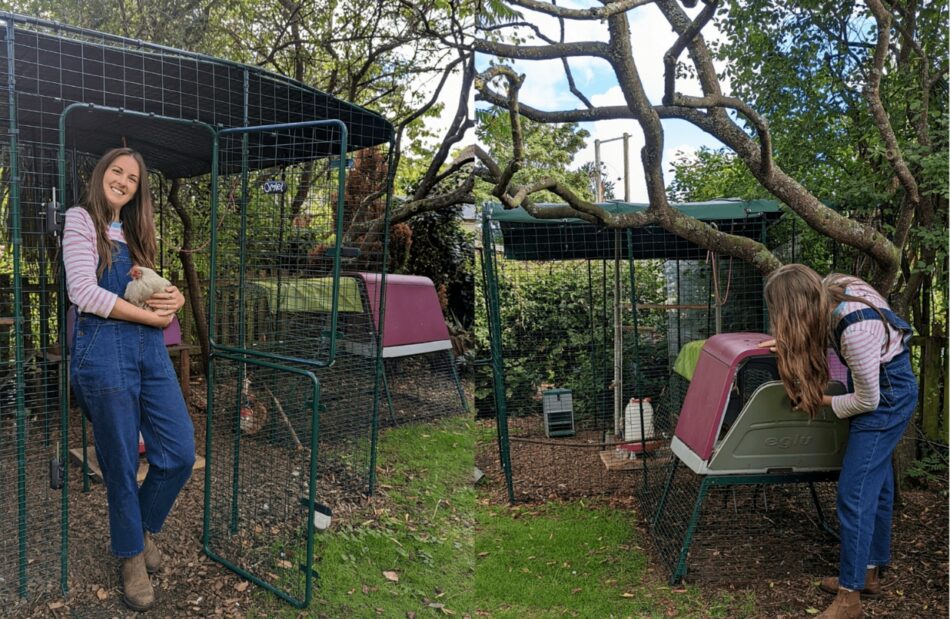 Chicken keeper next to Omlet Eglu Chicken Coop with her flock