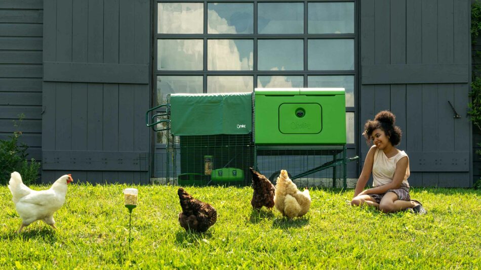 Girl sat wth free range chickens outside of the Eglu cube