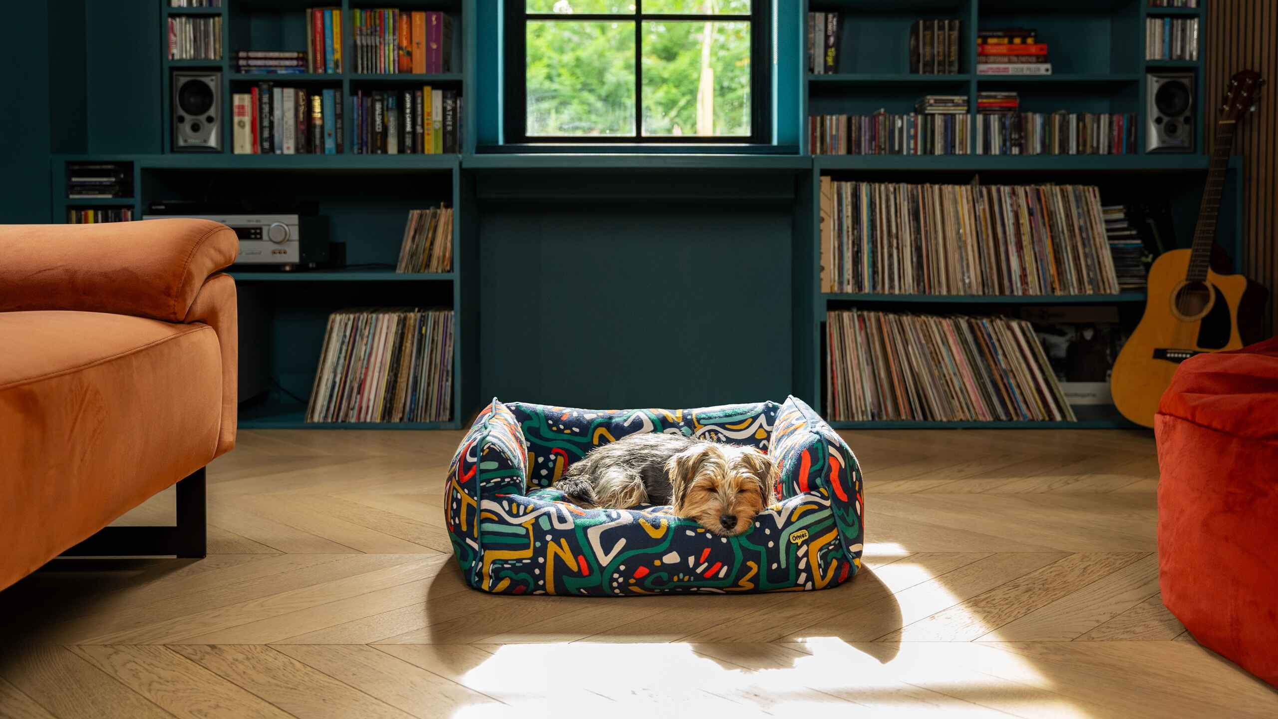 Terrier sleeping in Omlet nest bed mischief collection